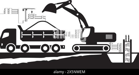 Erdbeweger, der Kipplaster auf der Baustelle lädt – Vektorillustration Stock Vektor