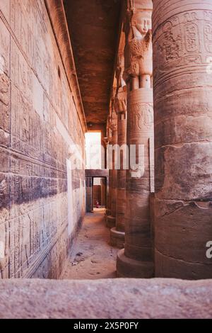 Antike Kolonnade mit geschnitzten Wänden und Säulen am Philae-Tempel in Assuan, Ägypten Stockfoto