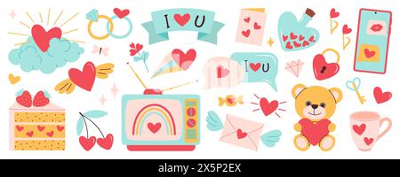 Set mit Elementen zum Valentinstag. TV, Ringe, Herz, Kuchen, Bär, Umschlag, Dessert, Telefon, Wolke, Süßigkeiten und andere Dekorationen. Hochzeits- und Liebeskonzept im Cartoon-Stil, perfekt für Aufkleber und Grußkarten. Stock Vektor
