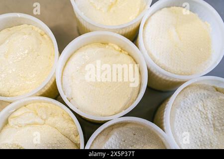 Nahaufnahme gefüllter Formen zur Herstellung von Mozzarella. Ausgewählter Fokus. Hochwertige Fotos Stockfoto