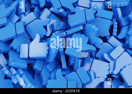 Viele blaue Daumen nach oben Symbole. 3D-Abbildung. Stockfoto