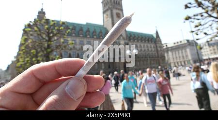 Ein Mann hält einen Joint in der Hand. Im Hintergrund das Hamburger Rathaus. Der Hamburger Senat hat einen Katalog von Bußgeldern für Gesetzesverstöße erlassen, der hohe Geldstrafen und sogar Haftstrafen für Personen vorsieht, die mehr als die erlaubten 25 Gramm Haschisch oder Marihuana auf der Straße dabeihat oder 50 Gramm in der Wohnung besitzt. Altstadt Hamburg *** Ein Mann hält einen Joint in der Hand Hamburger Rathaus im Hintergrund hat der Hamburger Senat einen Katalog von Bußgeldern für Gesetzesverstöße herausgegeben, der hohe Bußgelder und sogar Freiheitsstrafen für Personen vorsieht, die mehr tragen Stockfoto