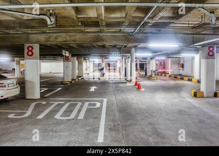 Leere, kostenpflichtige Tiefgarage, Betonpfosten, künstliche kühle Neonlichter, Barriereeingang, Standardgröße der Bucht Stockfoto