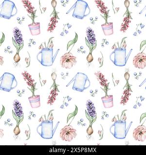 Nahtloses Muster mit Aquarellblumen und Wassertöpfen Stockfoto