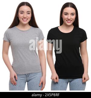 Porträt von Zwillingsschwestern auf weißem Hintergrund Stockfoto