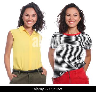 Porträt von Zwillingsschwestern auf weißem Hintergrund Stockfoto