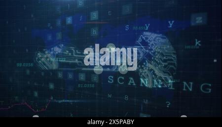 Bild des digitalen Schlüssels, des Scannens und der Zahlen im marineblauen digitalen Raum Stockfoto