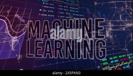 Bild von Text für maschinelles Lernen über mehreren Diagrammen, Handelsplattformen und Computersprache Stockfoto