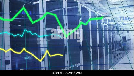 Abbildung von Diagrammen, wechselnden Zahlen, Computersprache über dem Datenserverraum Stockfoto
