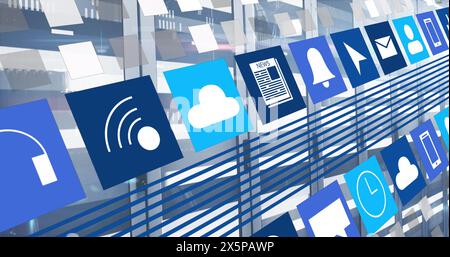 Abbildung des Symbols in Quadraten über beweglichen Balken auf Daten-Server-Racks im Serverraum Stockfoto