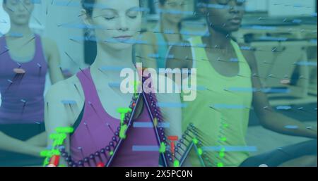 Bild der Finanzdatenverarbeitung über eine Gruppe von Frauen mit unterschiedlichen Fitnesstraining im Fitnessstudio Stockfoto