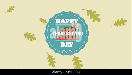 Bild: Fröhlicher Thanksgiving-Text über truthahn auf blauem Kreis und Herbstlaub auf grünem Stockfoto