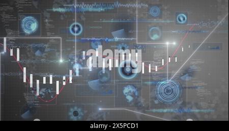 Bild von fallenden Punkten, die Linien, Programmiersprachen und Diagramme über Infografik bilden Stockfoto