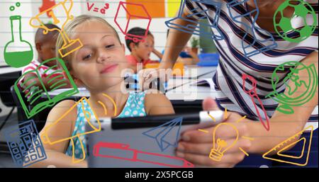 Bild von Schulkonzepten-Ikonen über Gruppe verschiedener Schüler, die gemeinsam in der Schule studieren Stockfoto
