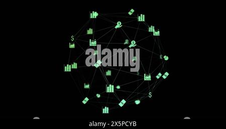 Zusammensetzung des Netzwerks von Verbindungen mit Symbolen und Datenverarbeitung auf schwarzem Hintergrund Stockfoto