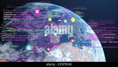 Bild von digitalen Symbolen und Datenverarbeitung auf der ganzen Welt Stockfoto