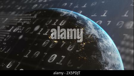 Bild der binären Codierung und Datenverarbeitung über den Globus Stockfoto
