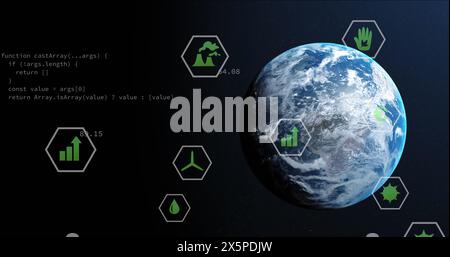 Bild von Öko-Symbolen und Datenverarbeitung auf der ganzen Welt Stockfoto