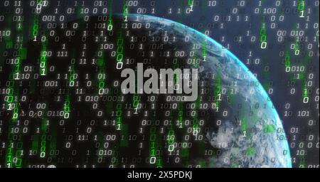 Bild der binären Codierung und Datenverarbeitung über den Globus Stockfoto