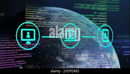 Bild von digitalen Symbolen und Datenverarbeitung auf der ganzen Welt Stockfoto