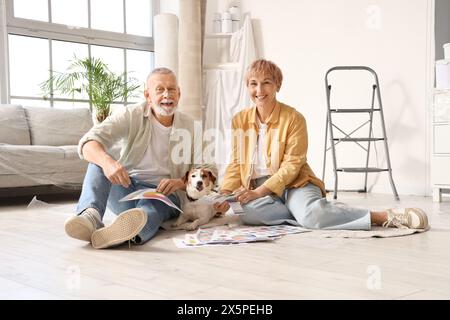 Reifes Paar mit Farbpaletten und Hund während der Reparatur in ihrem neuen Haus Stockfoto