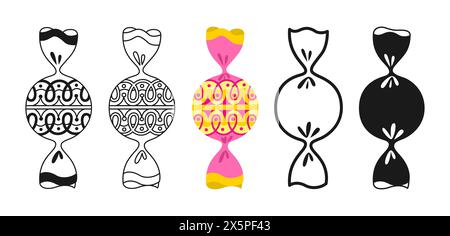 Bonbons mit Ornament umwickelt Schild Set. Bonbon rund Lutscher Schokolade, Karamellbonbons flache Silhouette, lineares Design. Einfaches Symbol leckeres Dessert kindliche Speisen. Gewickelter leckerer Bonbon-Vektor Stock Vektor
