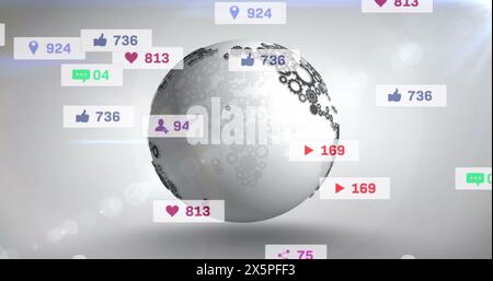 Bild von Social-Media-Ikonen und stellt Ikonen über sich drehende Globus vor grauem Hintergrund Stockfoto