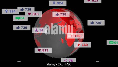 Bild von Social-Media-Ikonen über sich drehender Globus vor schwarzem Hintergrund Stockfoto