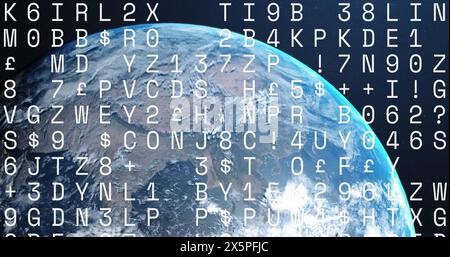 Bild von Buchstaben und Zahlen, die über den Globus verarbeitet werden Stockfoto