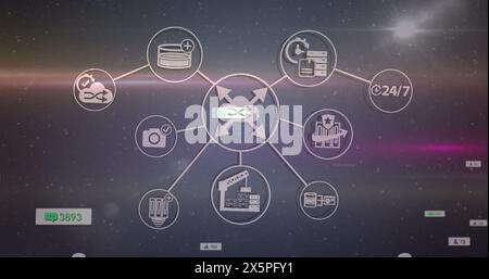 Bild von Social-Media-Symbolen und -Nummern über Netzwerke Stockfoto