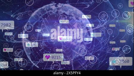 Bild von Social-Media-Ikonen und -Zahlen auf der ganzen Welt Stockfoto