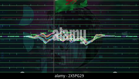 Bild der Verarbeitung von Finanzdaten gegen walisische Flagge und sich drehende Globus Stockfoto
