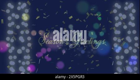Bild des fallenden Konfetti und Lichtflecken über dem Grußtext der Saison auf schwarzem Hintergrund Stockfoto