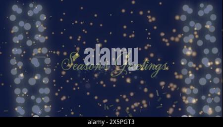 Bild des fallenden Konfetti und Lichtflecken über dem Grußtext der Saison auf schwarzem Hintergrund Stockfoto