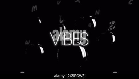 Bild von Vibes-Text und fallenden Zahlen und Buchstaben auf schwarzem Hintergrund Stockfoto