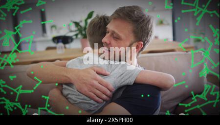 Bild von Formen über kaukasischen Vater und Sohn, die sich umarmen Stockfoto