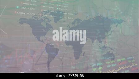 Abbildung von Diagrammen und Trading Boards mit Zahlen über Karte vor abstraktem Hintergrund Stockfoto