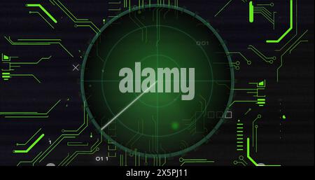 Bild des Radars mit Leiterplattenmuster und Binärcodes über abstraktem Hintergrund Stockfoto