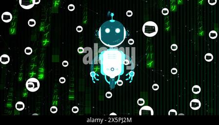 Bild des Ai-Chat-Bots und Symbole über Binärcodierung auf schwarzem Hintergrund Stockfoto