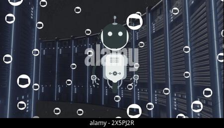 Bild des Ai-Chat-Bots und der Symbole über dem Hintergrund des Computerservers Stockfoto