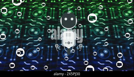 Bild des Ai-Chat-Bots und der Symbole auf einem farbenfrohen gestreiften Hintergrund Stockfoto