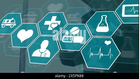 Bild von Wissenschaftssymbolen, die sich über kaukasische Männer mit vr-Headset bewegen Stockfoto