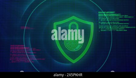 Bild von Kreisen über dem Vorhängeschloss in Hülle vor Computersprache auf blauem Hintergrund Stockfoto