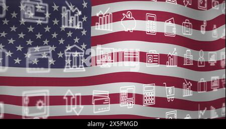 Bild der Schnittstelle mit mehreren digitalen Symbolen vor dem Hintergrund der schwenkenden us-Flagge Stockfoto