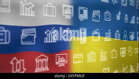 Bild der Schnittstelle mit mehreren digitalen Symbolen vor dem Hintergrund der Flagge russlands und der ukraine Stockfoto