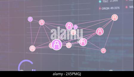 Bild eines Netzwerks von Profilsymbolen, Statistiken, Verarbeitung von Börsendaten auf grauem Hintergrund Stockfoto