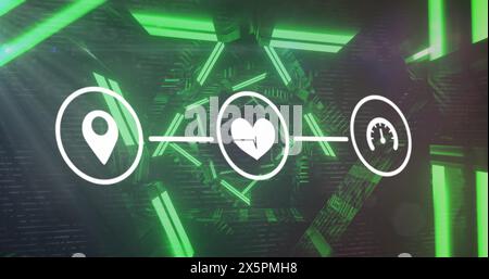 Bild eines Netzwerks aus digitalen Symbolen gegen grünen Neontunnel, der sich nahtlos dreht Stockfoto