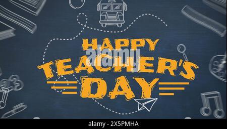 Bild des Textblatts „Happy Teachers Day“ und der Symbole für Schulkonzepte auf blauem Hintergrund Stockfoto