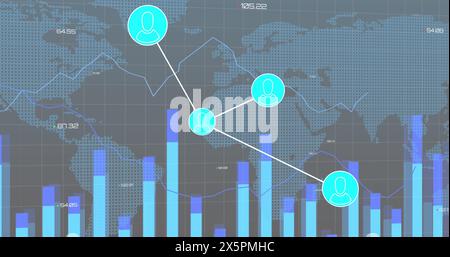 Bild des Netzwerks von Profilsymbolen, statistische Datenverarbeitung über Weltkarte auf grauem Hintergrund Stockfoto