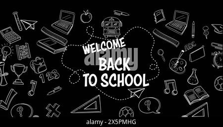 Bild von Abschlusshüten, die auf das Textbanner und Symbole für Schulkonzepte zurückfallen Stockfoto